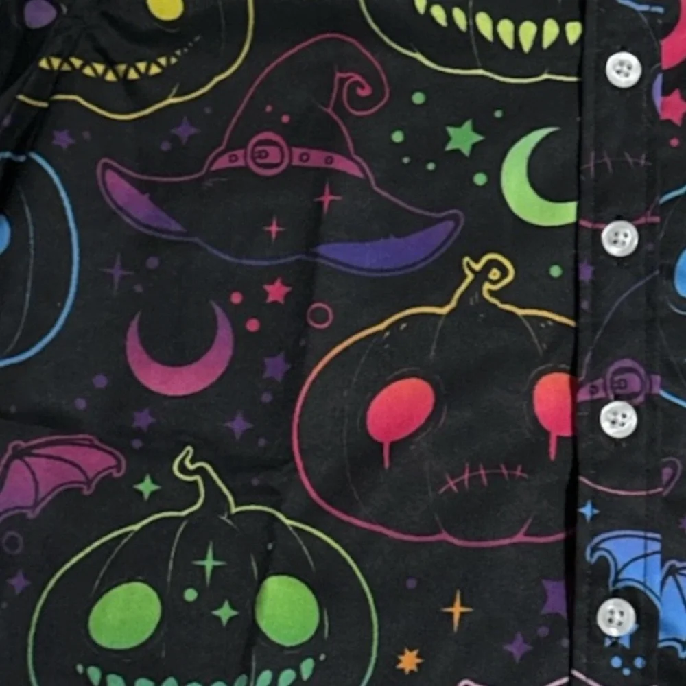 Boys Mohez Neon Halloween Pumpkin Button‎ Down Short Sleeved Shirt, 7-8y